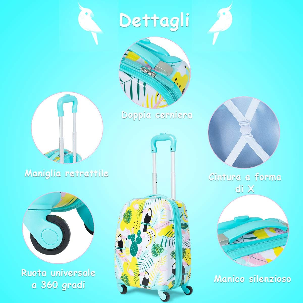 2 Pezzi Valigia per Bambini con Maniglia Retrattile + Zaino Bagaglio a Mano, Set Trolley Valigia per Bambini con Ruote Girevoli a 360 °