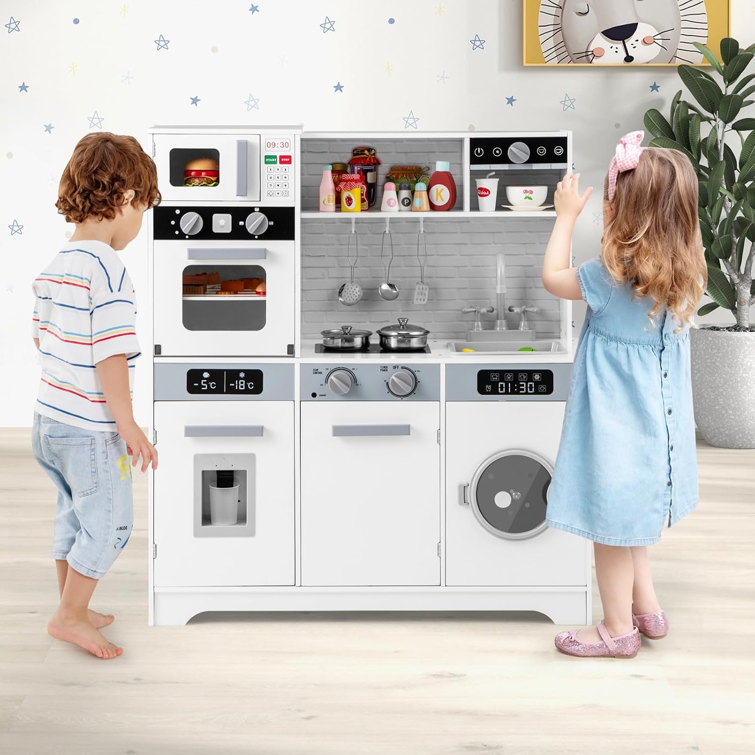 Cucina Giocattolo in Legno per Bambini con Forno, Microonde, Lavello, Rubinetto e Lavatrice, Luci e Suoni Realistici, 3+ Anni