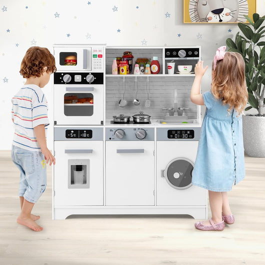 Cucina Giocattolo in Legno per Bambini con Forno, Microonde, Lavello, Rubinetto e Lavatrice, Luci e Suoni Realistici, 3+ Anni