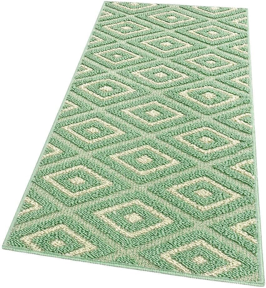 Tappeto Casa Cucina Rombi 3D 50X190 Cm Bordato Moderno Assorbente Antiscivolo Verde