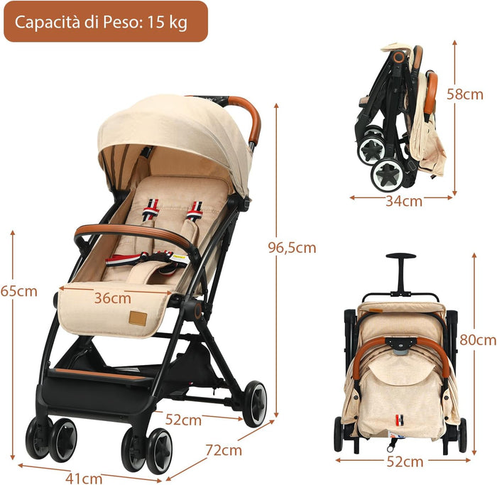 Passeggino Pighevole per Bmabini, Passeggino con Schienale e Poggiapiedi Regolabili, Passeggino Leggero Portata 15 kg, con Cappottina e Zanzariera, per Bambini 0-3 Anni (Beige)