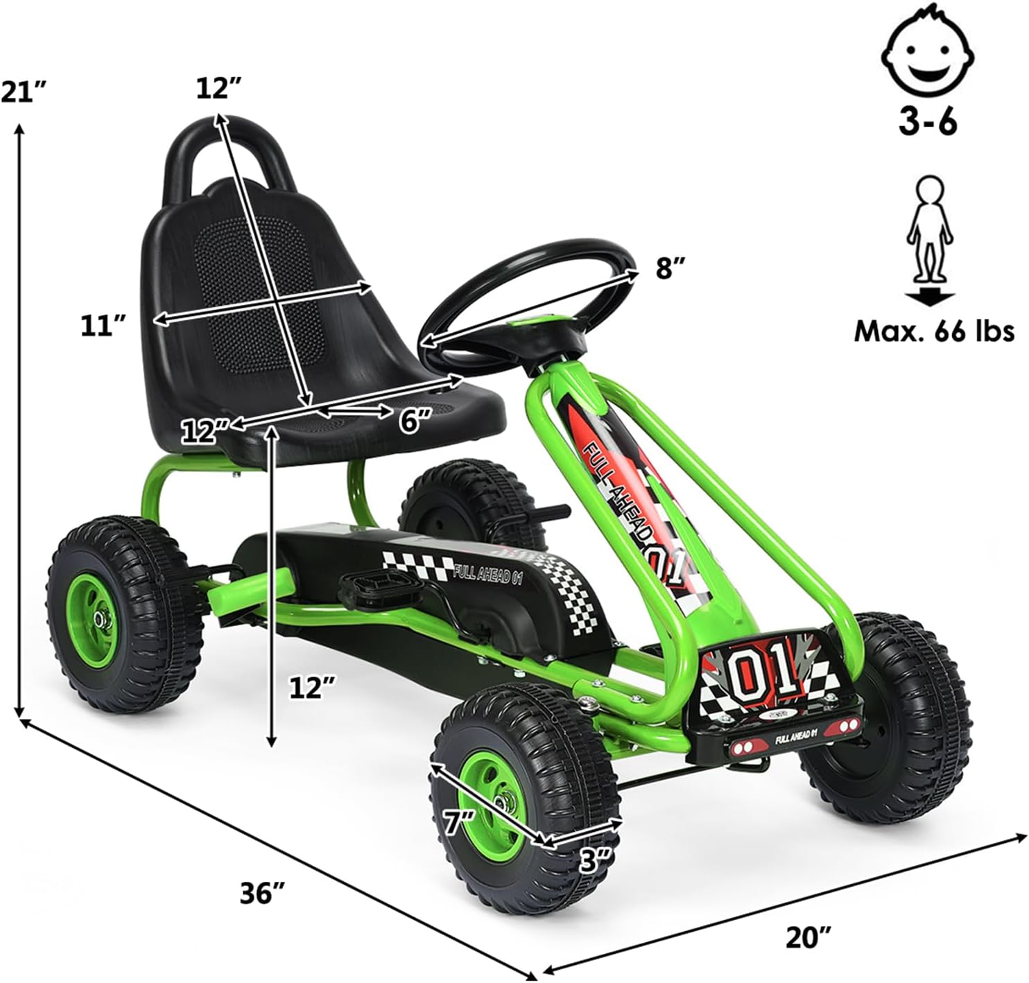 Go Kart a Pedali per Bambini, Go Kart Veicolo con Sedile Regolabile e Freno a Mano, per Bambini 3-6 Anni, Portata Massima 30 kg (Verde)