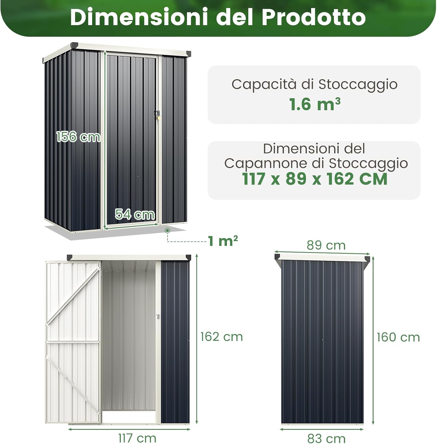 Casetta da Giardino 1 m², Capanno Attrezzi in Metallo Zincato con Porta Bloccabile e Tetto Inclinato, Struttura a Scatto Pratica, Armadio da Esterno con Kit di Viti di Espansione e Tappo