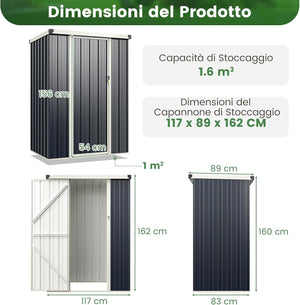Casetta da Giardino 1 m², Capanno Attrezzi in Metallo Zincato con Porta Bloccabile e Tetto Inclinato, Struttura a Scatto Pratica, Armadio da Esterno con Kit di Viti di Espansione e Tappo