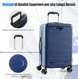 Valigia Bagaglio da 20" con Tasca Frontale, Porta USB, Tavolino Pieghevole, Valigia con Serratura, Ruote Girevoli, Manico Regolabile, Trolley Valigia Rigida Bagaglio da Viaggio (Blu)