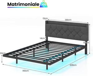 Struttura Letto Matrimoniale con Luci LED, Letto a Piattaforma con Testiera Imbottita Regolabile e Stazione di Ricarica, Letto Moderno in Metallo, Silenzioso, Carico 300kg (200 x 140cm)