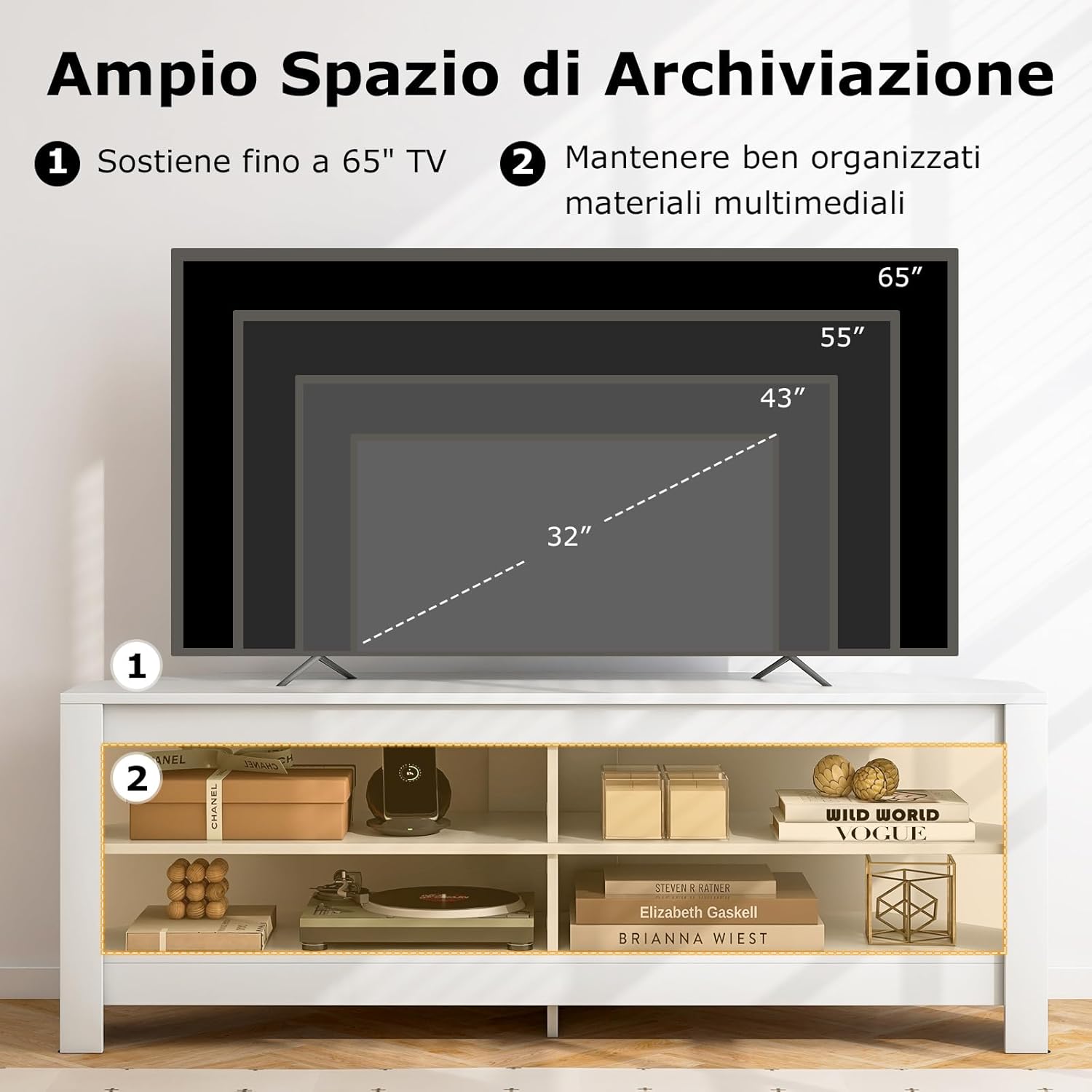 Mobile TV con Presa Elettrica per TV Fino a 65”, Mobile Porta TV Angolare, Mobiletto per Soggiorno a 3 Ripiani con 4 Scaffali Aperti, 140 x 40 x 49,5 cm (Bianco)
