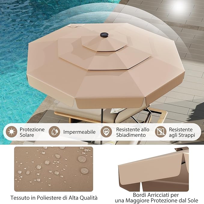 Ombrellone Esterno 300 cm, con 32 Luci LED, Ombrellone Giardino con Regolazione Inclinazione, Manovella e 8 Stecche, Parasole da Esterno con Tettuccio Ventilato a 3 Livelli