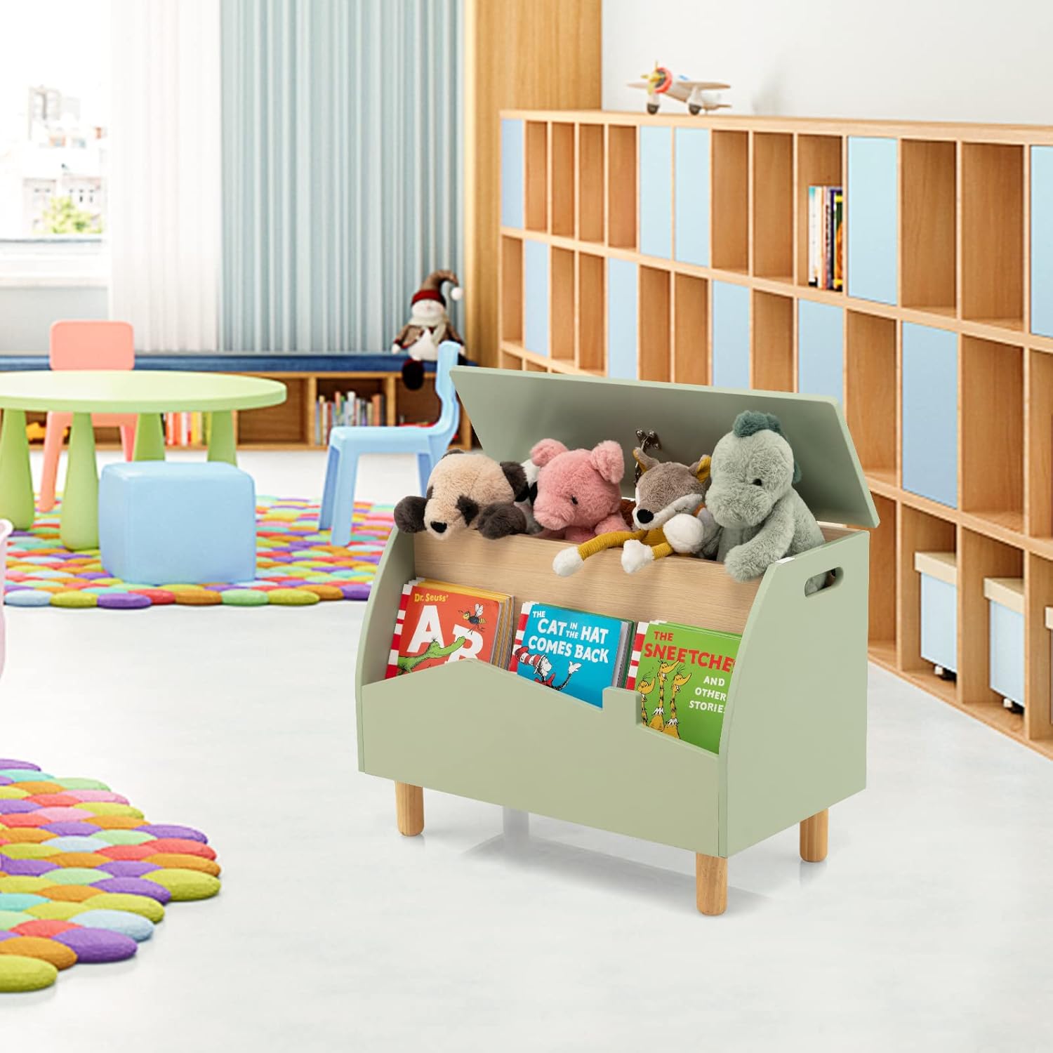 Scaffale dei Giocattoli per Bambini in Legno, Libreria per Bambini con Ripiano Espositivo e Contenitore con Coperchio Apribile, Ideale per Cameretta e Nido, 60 x 30 x 44 cm (Verde)