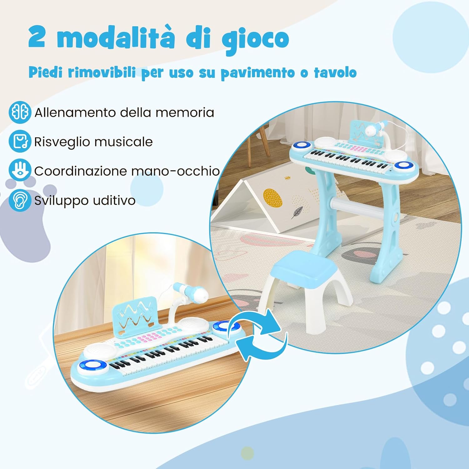 Tastiera Pianoforte a 37 Tasti per Bambini, Piano Elettronico per Bambini con Microfono, Sgabello e Supporto per Spartiti, 8 Ritmi e 8 Strumenti, per Bambini 18+ Mesi (Blu)