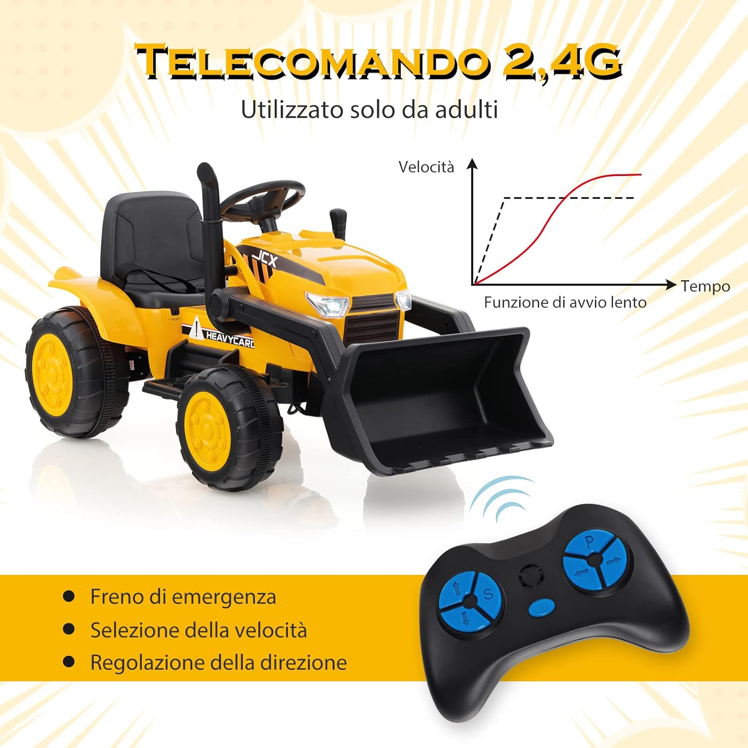 12 V Escavatore per Bambini, con Telecomando, Benna di Scavo Regolabile Musica e Fari a LED, Ruspa Elettrica per Bambini di 3-8 Anni, Giallo