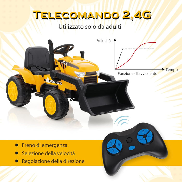 12 V Escavatore per Bambini, con Telecomando, Benna di Scavo Regolabile Musica e Fari a LED, Ruspa Elettrica per Bambini di 3-8 Anni, Giallo