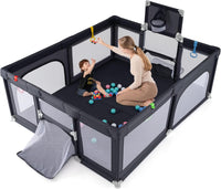 Box Bambini 190 x 160 cm, Recinto Pieghevole Bambini con Canestro da Basket, 2 Porte da Calcio, 50 Palline e 4 Anelli, Centro Attività con Borsa Trasporto per Neonati 0-3 Anni (Grigio Scuro)