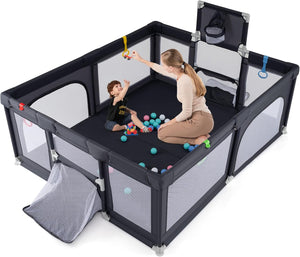 Box Bambini 190 x 160 cm, Recinto Pieghevole Bambini con Canestro da Basket, 2 Porte da Calcio, 50 Palline e 4 Anelli, Centro Attività con Borsa Trasporto per Neonati 0-3 Anni (Grigio Scuro)