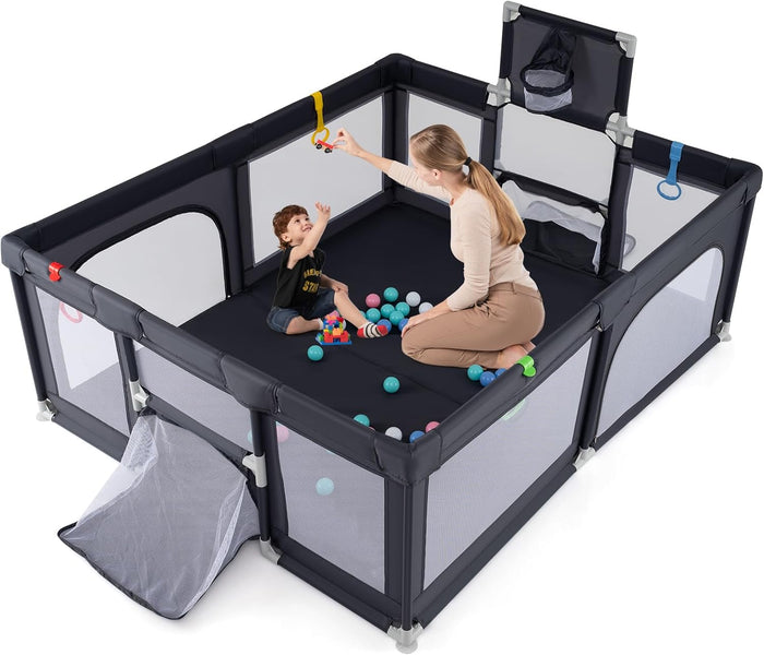 Box Bambini 190 x 160 cm, Recinto Pieghevole Bambini con Canestro da Basket, 2 Porte da Calcio, 50 Palline e 4 Anelli, Centro Attività con Borsa Trasporto per Neonati 0-3 Anni (Grigio Scuro)