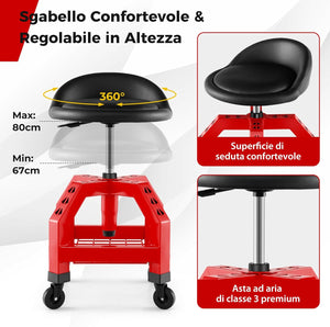 Sgabello da Officina, Sgabello Meccanico Rotante con Vassoio Porta Attrezzi, Regolabile in Altezza e 4 Ruote Universali, capacità di 150 kg, per Garage, Officina (Rosso)