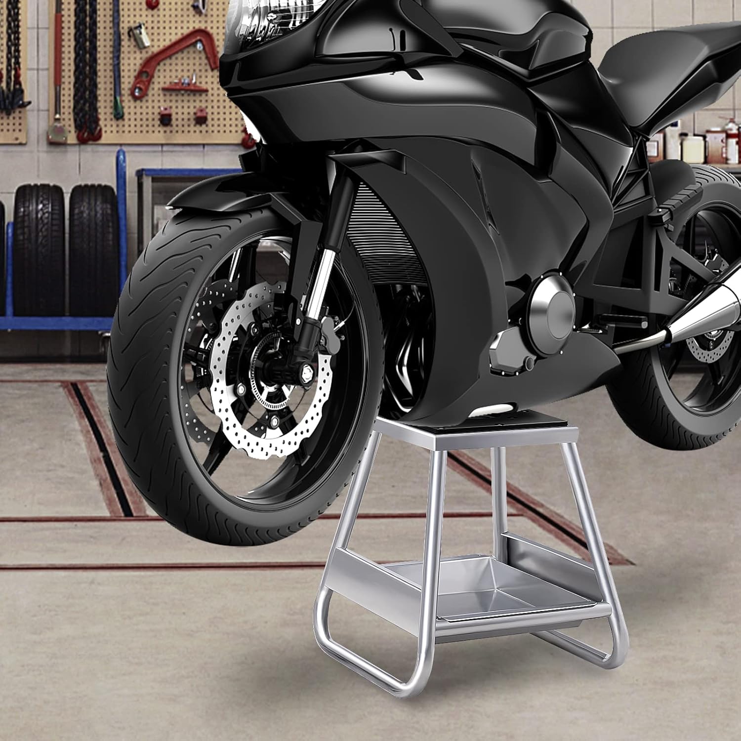 Cavalletto Sollevatore per Moto da Cross, Supporto per Moto Fuoristrada in Metallo con Superficie Antiscivolo, Vaschetta Olio Rimovibile, Portata 450 kg