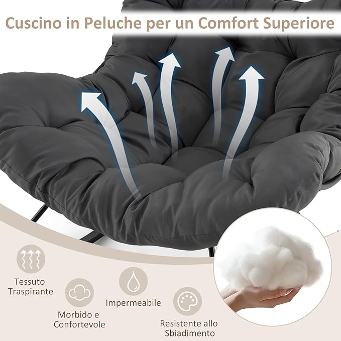 Sedia a Dondolo, Poltrona Relax Ergonomica, Poltrona Sovradimensionato con Cuscino Imbottito, Sedia a Uovo con Struttura Metallica, per Soggiorno Portico Giardino, Portata 205 kg (Grigio)