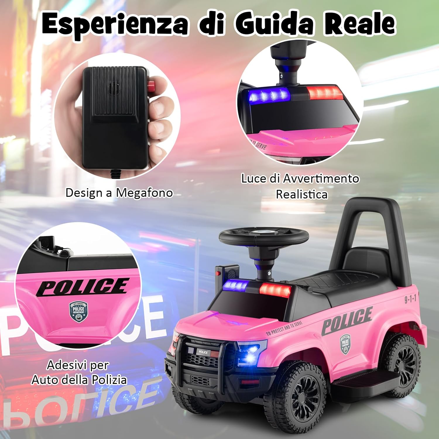Auto Elettrica per Bambini, Auto della Polizia Giocattolo con Clacson Luce di Avvertimento e Suono della Sirena, Velocità 3 km/h, per Bambini 18-60 Mesi (Rosa)