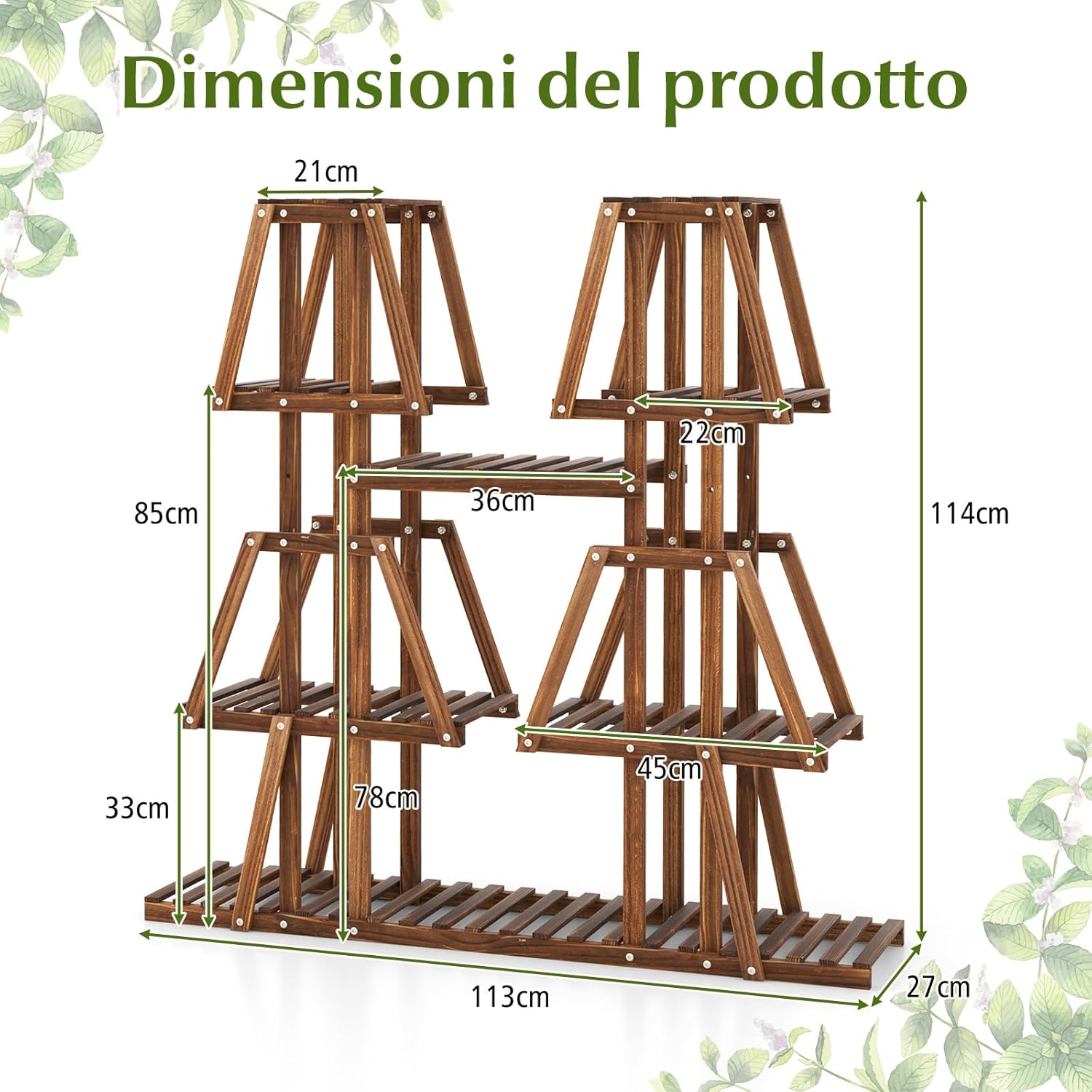 Scaffale per Piante in Legno, Porta Piante a 5 Ripiani con 10 Mensole per Piante in Vaso, Espositore per Piante da Interno ed Esterno per Soggiorno, Balcone, Patio e Portico