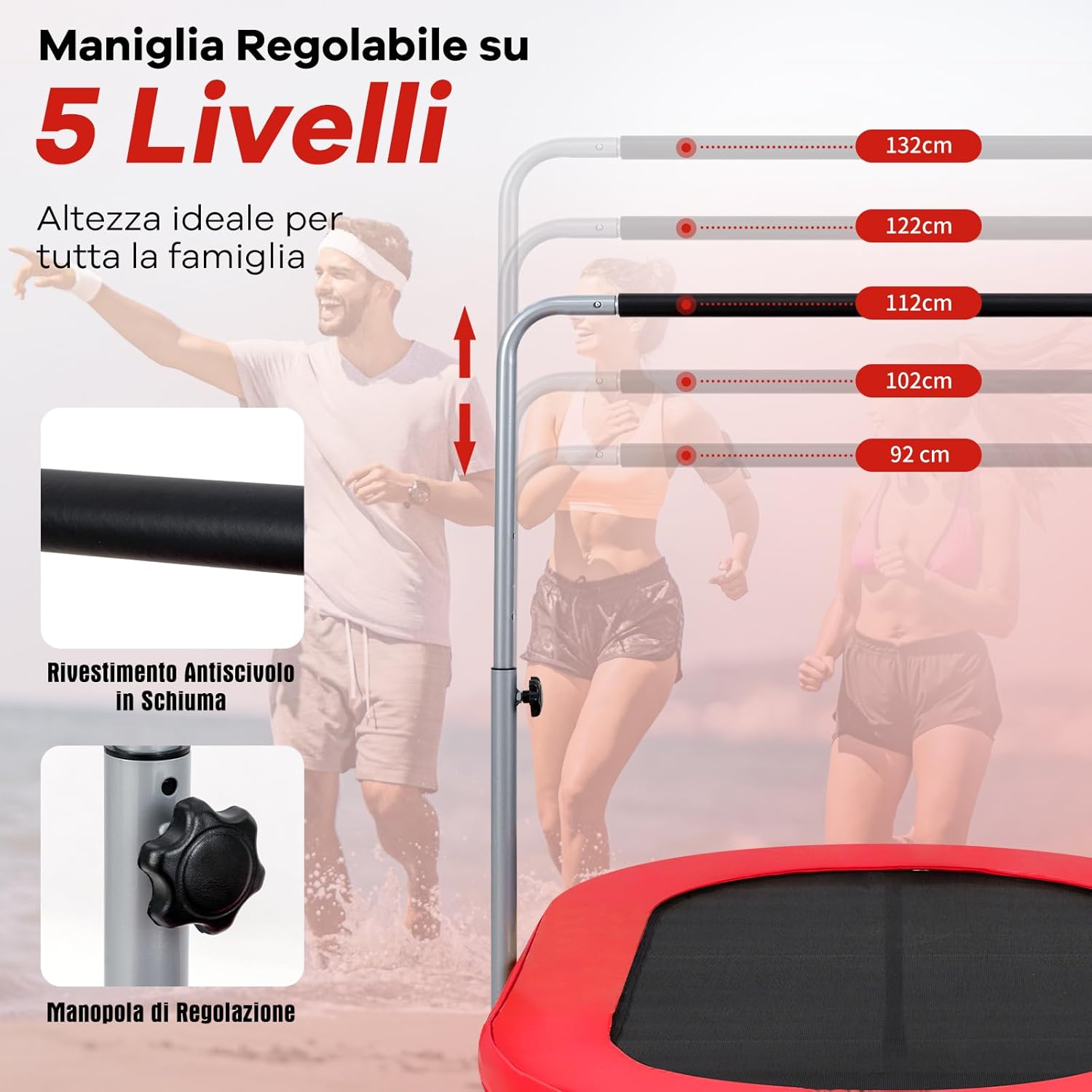 Trampolino Elastico da Interno ed Esterno, Tappetino Elastico Pieghevole per Adulti e Bambini con Maniglia Regolabile, Molle e Cuscinetto di Sicurezza, Trampolino Ovale per 2 Persone