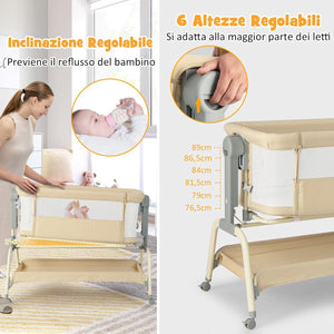 Culla Neonato Fianco 4 in 1, Culla Co-sleeping con Spondina Aperto, Altezza Regolabile, Inclinabile, Materasso Ruote Borsa da Viaggio Zanzariera Inclusi, 0-6 Mesi Fino a 9 kg (Beige)