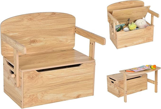 Cassapanca Contenitore 3 in 1 per Bambini Trasformabile in Legno con Scatola dei Giocattoli, Tavolo bambini con Sedie Multifunzione per 3-7 Anni (Naturale)