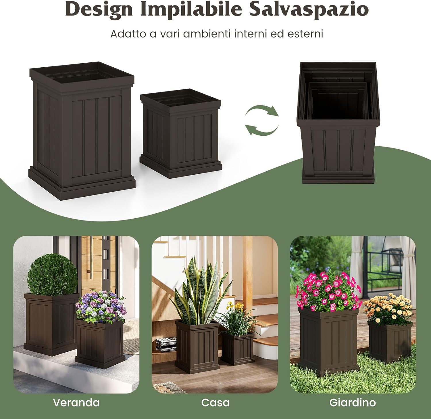 2 Vasi per Quadrati in Plastica 31,5/48 cm, Vasi per Fiori da Interno ed Esterno, con Fori di Drenaggio e Design Nesting, Vasi per Piante da Veranda, Giardino e Patio