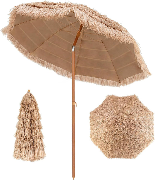 Ombrellone di Paglia in PP 208 cm, Ombrellone da Spiaggia Pieghevole, Parasole Hawaiano con Inclinabile in Metallo, Resistente all'Acqua e al Sole, per Spiaggia Giardino Balcone