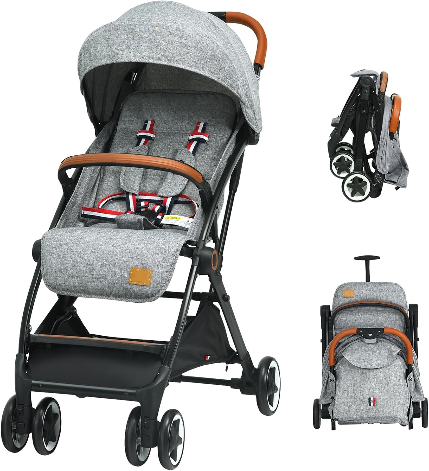 Passeggino Ultraleggero per Bambini 0-36 Mesi, Passeggino Compatto a Ombrello, per Viaggio, Aereo, Pieghevole, Regolabile, con Cintura di Sicurezza, Ruote, Freno, Parasole, Cesto, Grigio