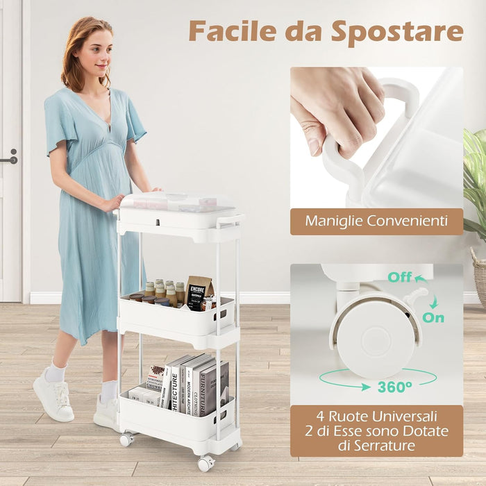 Carrello a 3 Livelli con Ruote Bloccabili, Carrello di Stoccaggio con Coperchio e Scaffali Rimovibili, Struttura in Lega di Alluminio, per Soggiorno Cucina Ufficio, 46x21x82 cm