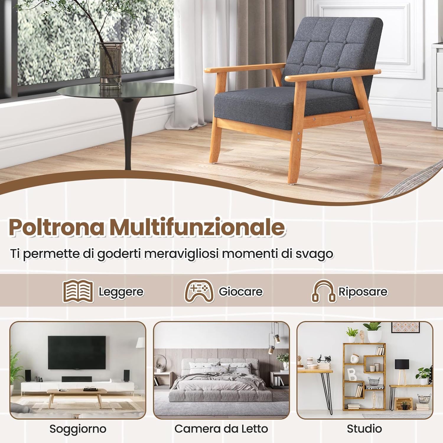 Poltrona Moderna, Sedia con Braccioli Imbottita e Rivestita in Lino Traspirante, Telaio in Legno Massiccio di Gomma, Sedia Divano Imbottita per Soggiorno, Camera da Letto, Studio