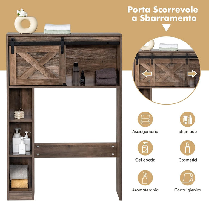 Mobile Salva Spazio Sopra WC, Organizzatore del Bagno in Legno con Porta e 3 Ripiani di Stoccaggio, per Bagno Lavanderia, 84x17x128 cm (Marrone)