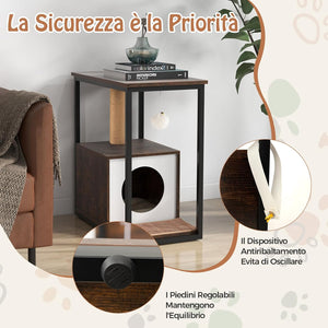 Cuccia per Gatti, Casetta per Gatti con Giocattolo a Palla Pensile e Dispositivo Anti-Ribaltamento, Tavolino Moderno e Multisuo con Case per Gatti, 60 x 36 x 66 cm(Marrone)