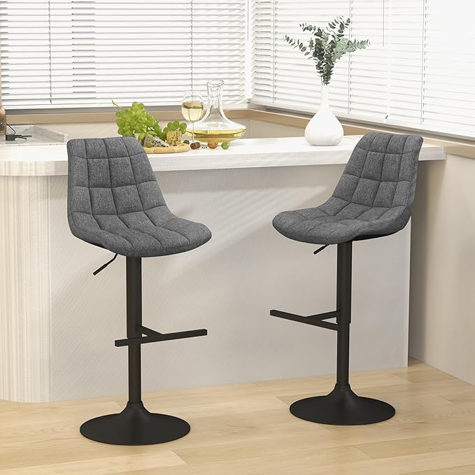 2 Sgabelli Regolabile in Altezza in Tessuto, Sgabello Cucina Girevole a 360° con Poggiapiedi e Seduta Imbottita, Sedia Portata 150 kg per Sala da Pranzo e Penisola Cucina