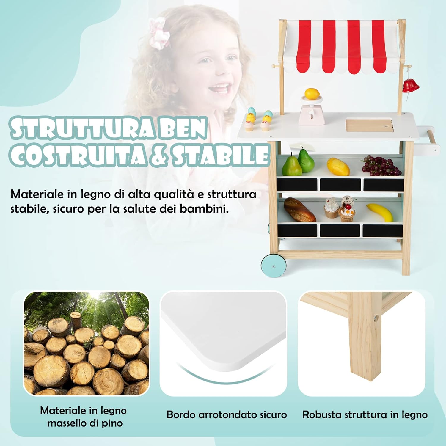 Carretto dei Gelati in Legno per Bambini, con 6 Gelati Giocattolo, Bilancia a Forma di A, Campanello Funzionante, Gelateria per Bambini + 3 Anni, 79 x 29 x 100 cm (Rosso)
