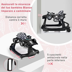 Girello per Bambini 4 in 1, Girello Pieghevole con Altezza e Velocità Regolabili, Carillon con Luci, Volante e Sedile, Primi Passi per Bambini 6-18 Mesi, Portata 15 kg (Nero)