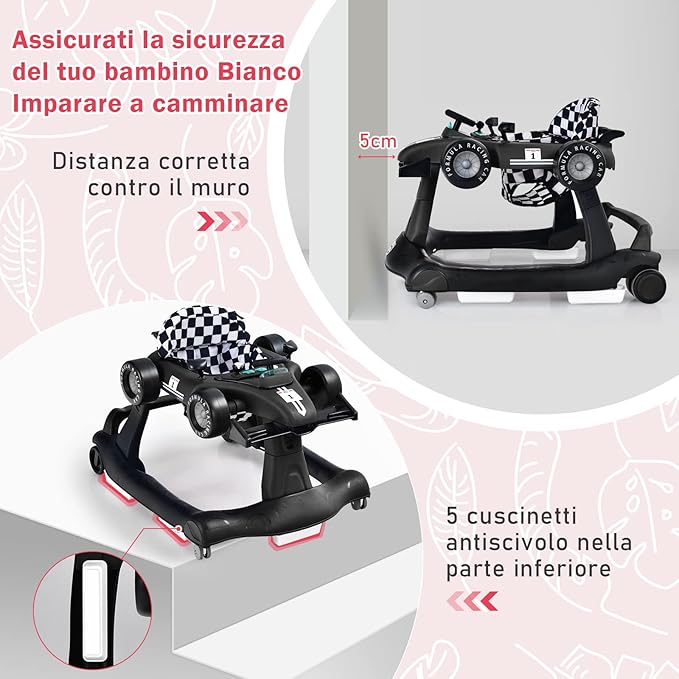 Girello per Bambini 4 in 1, Girello Pieghevole con Altezza e Velocità Regolabili, Carillon con Luci, Volante e Sedile, Primi Passi per Bambini 6-18 Mesi, Portata 15 kg (Nero)