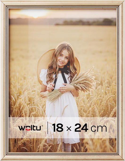 Cornice per Foto 18x24cm, Portafoto con Cornice in Legno Massello e Pannello in Plastica, da Parete e Tavolo, Collage Foto, Oro