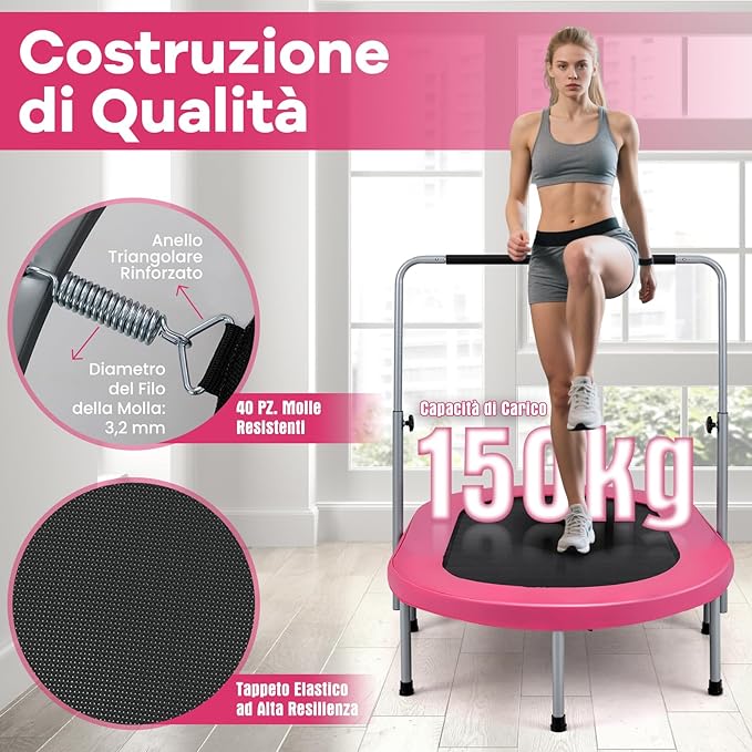 Trampolino Elastico da Interno ed Esterno, Tappetino Elastico Pieghevole per Adulti e Bambini con Maniglia Regolabile, Molle e Cuscinetto di Sicurezza, Trampolino Ovale per 2 Persone