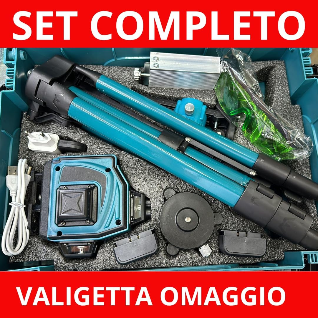 Livella laser Autolivellante 360° 4D, Laser 16 linee Cantiere 3° Batterie e Supporto Rotante,Treppiedi 1.2m