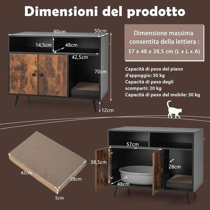 Mobile per Lettiera Gatti con Tira graffi, Gambe Inclinate in Metallo e 2 Ripiani per Riporre gli Oggetti, Casetta in Legno da Interno per Gattini e Gatti Grandi, 90 x 50 x 69 cm