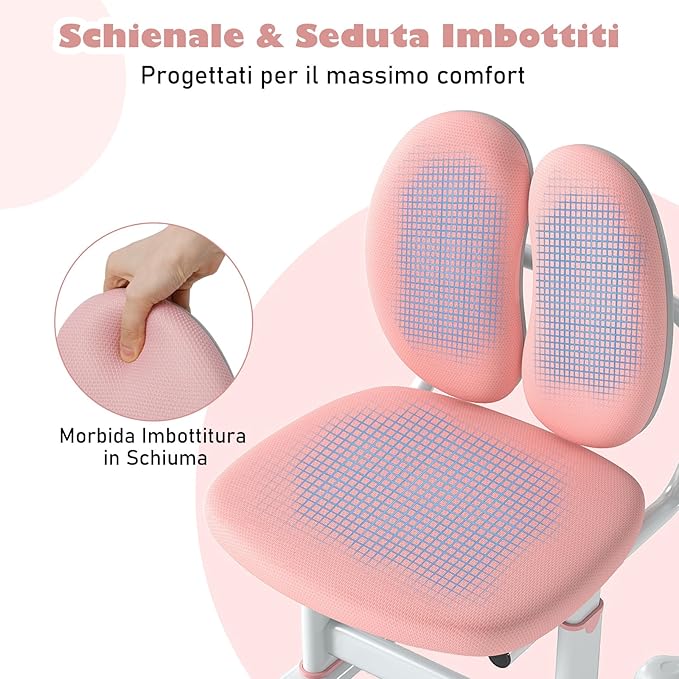 Sedia da Scrivania per Bambini 3+ Anni, Sedia Imbottita per Studiare con Doppio Supporto Lombare e Altezza Regolabile, Chair da Compiti per Casa e Scuola, Portata 100 kg (Rosa)