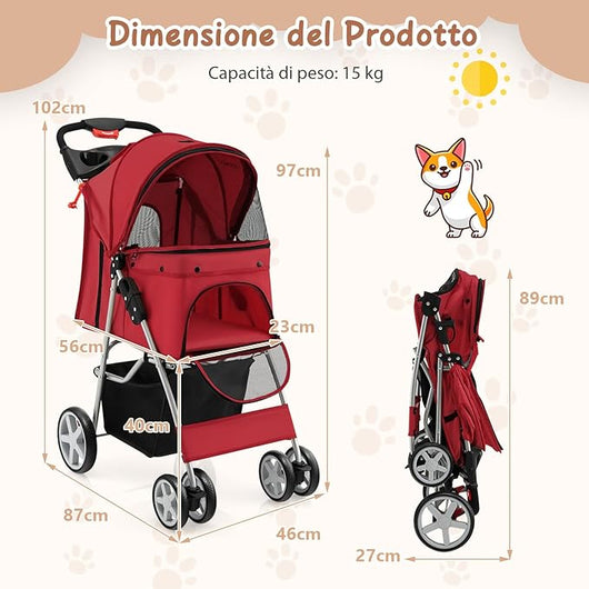Passeggino Animali Domestici Pieghevole, 2 in 1 Trasportino per Cani/Gatti, con Porta Doppio, Freno Posteriore, 4 Ruote Girevoli, Carrozzina Compatta (Nero, Singolo) (Rosso, Singolo)