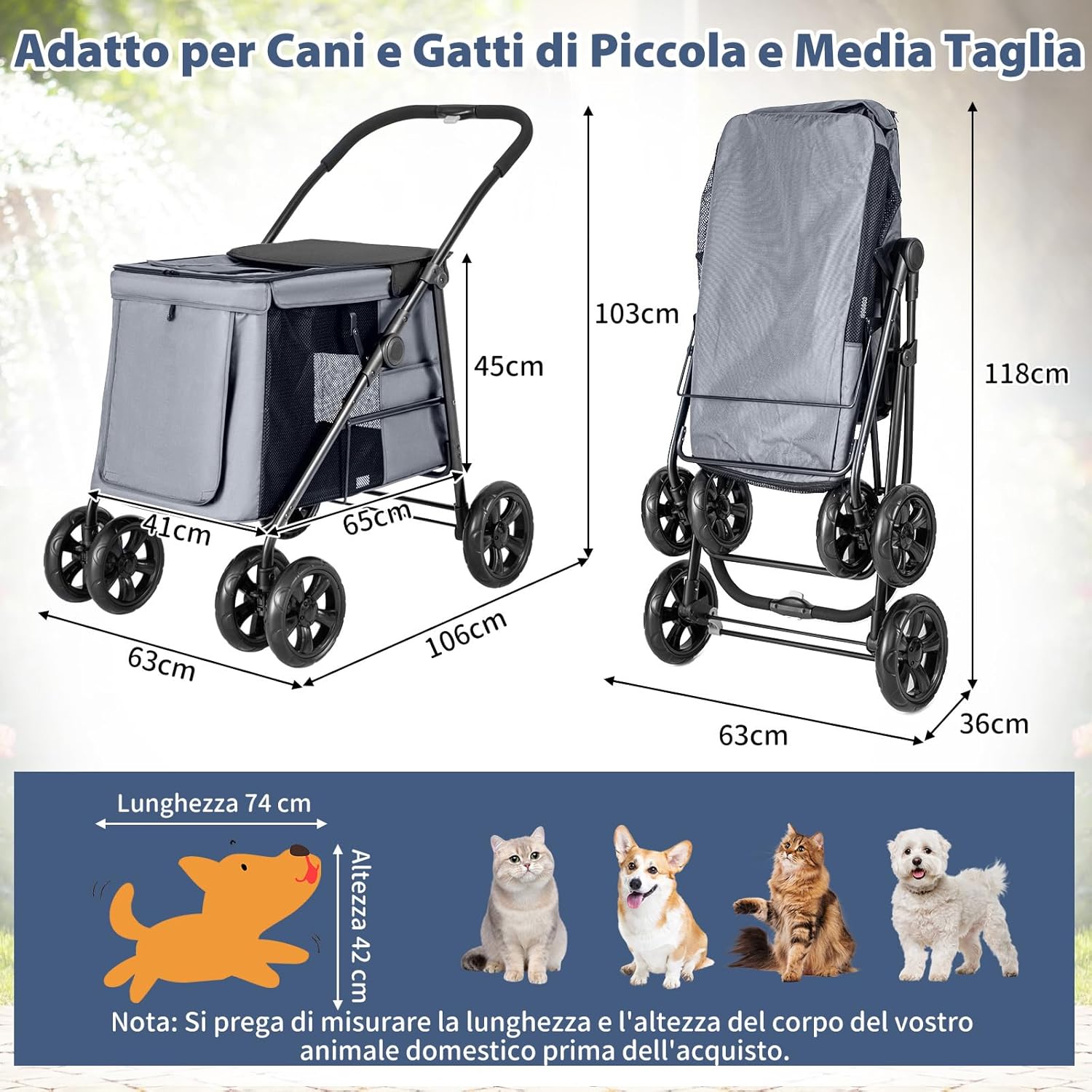 Passeggino per Cani Pieghevole, Carrello a 4 Ruote per Animali Domestici Piccoli e Medi, Trasportino Portatile con Ruote, Lucernario e Tasche, Chiusura Rapida (Grigio)