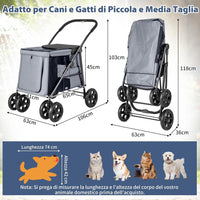 Passeggino per Cani Pieghevole, Carrello a 4 Ruote per Animali Domestici Piccoli e Medi, Trasportino Portatile con Ruote, Lucernario e Tasche, Chiusura Rapida (Grigio)
