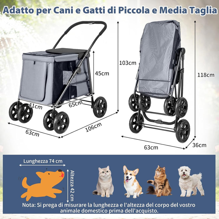 Passeggino per Cani Pieghevole, Carrello a 4 Ruote per Animali Domestici Piccoli e Medi, Trasportino Portatile con Ruote, Lucernario e Tasche, Chiusura Rapida (Grigio)
