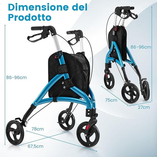 Deambulatore per Anziani in Alluminio Ultraleggero a 3 Ruote, Rollator per Anziani Pieghevole e Regolabile in 6 Livelli 86-96 cm con Borsa e Ruote Bloccabili, Portata 136 kg (Blu)