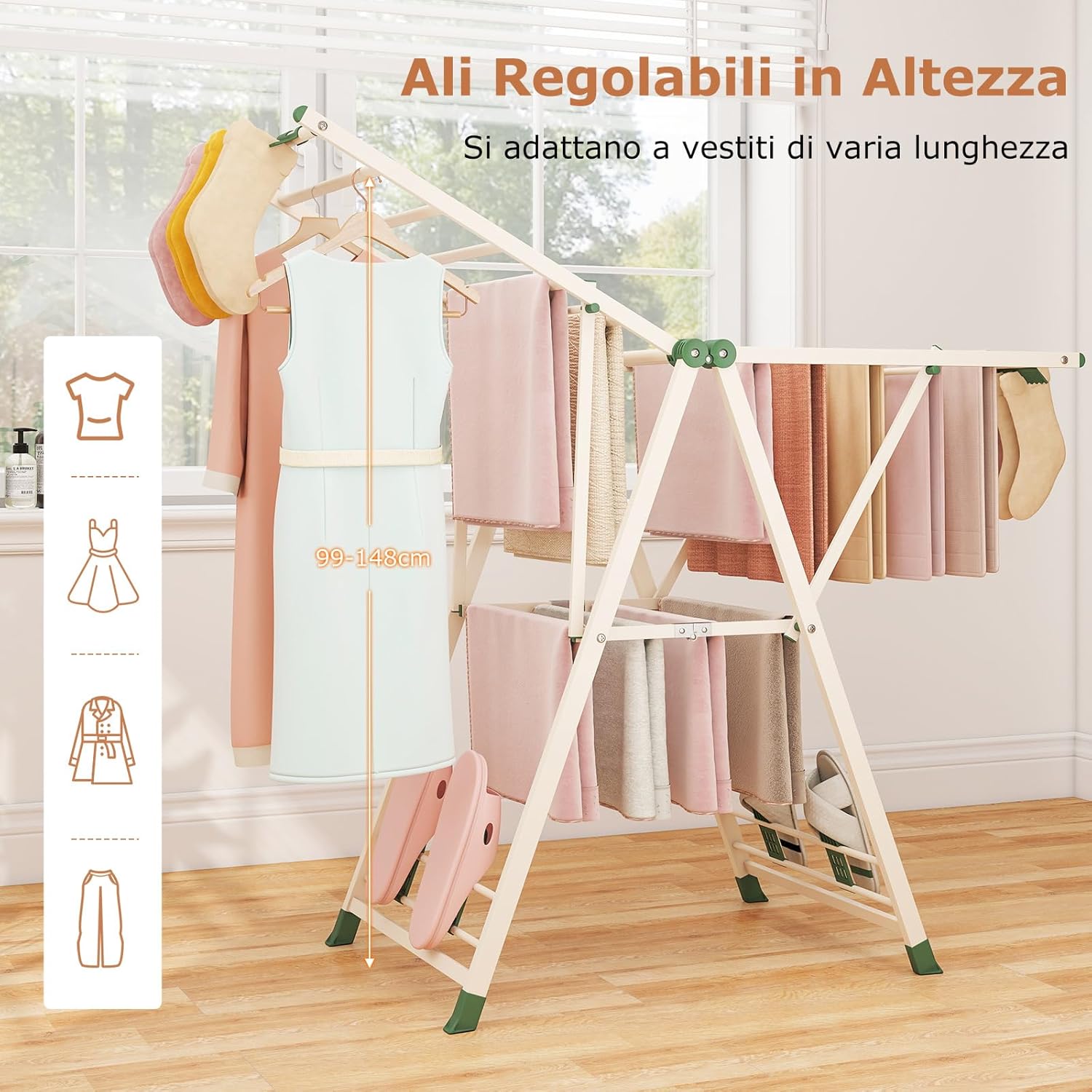 Stendibiancheria con 16 Barra, Stendino Pieghevole in Metallo con Ali Regolabili in Altezza, Clips per Calzini, Supporto per Abbigliamento Autoposante a Ali per Interno Esterno (Beige)