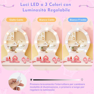 Set Toeletta Trucco per Bambina con Sgabello, Specchiera Trucco Staccabile con Luci LED a 3 Colori, Postazione Trucco Giocattolo con Cassetto e Accessori, per Bambine di 3-7 Anni (Bianco)